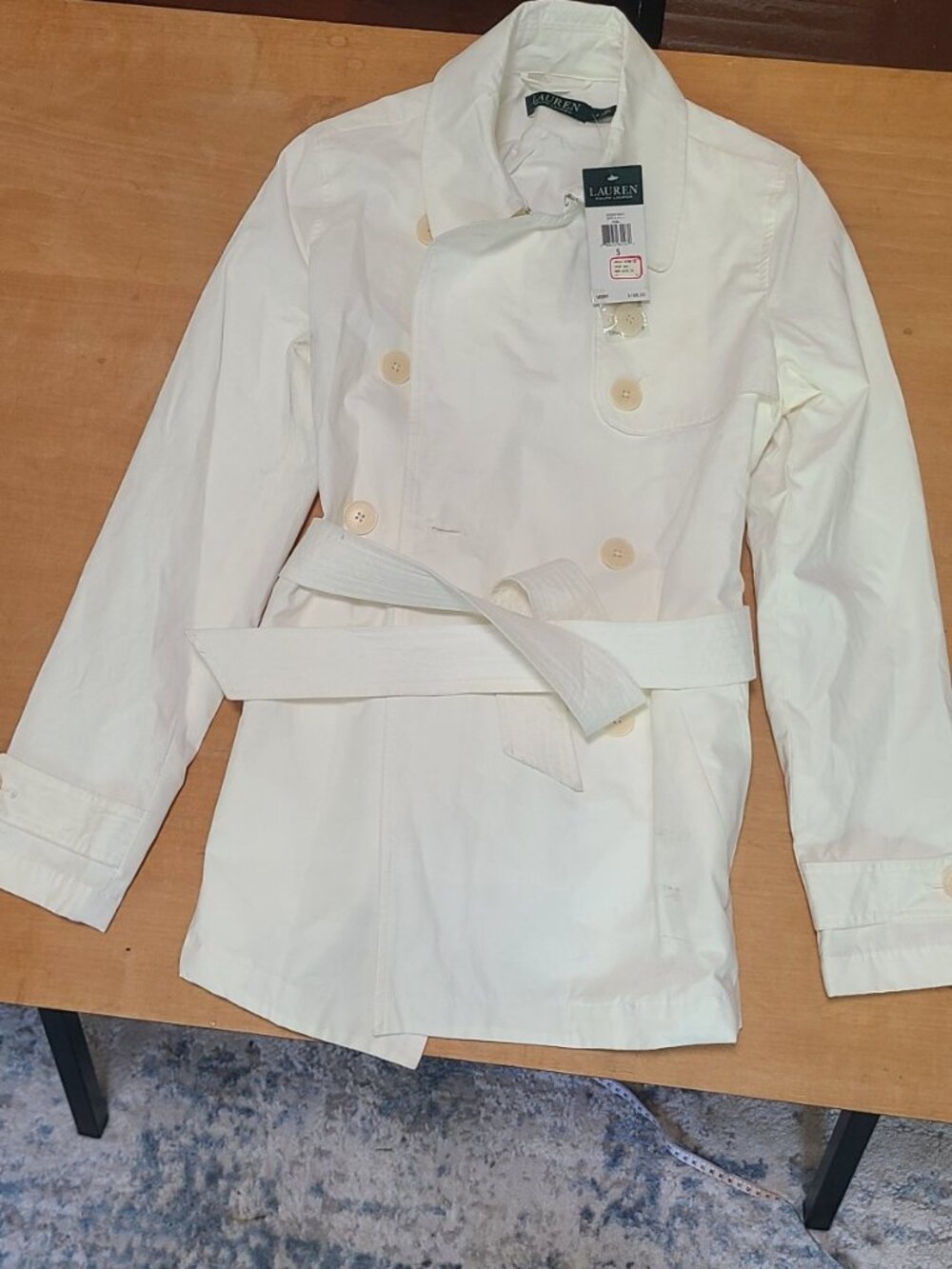 Lauren Ralph Lauren White Double-Breasted Belted Trench Coat, Size S, NWT